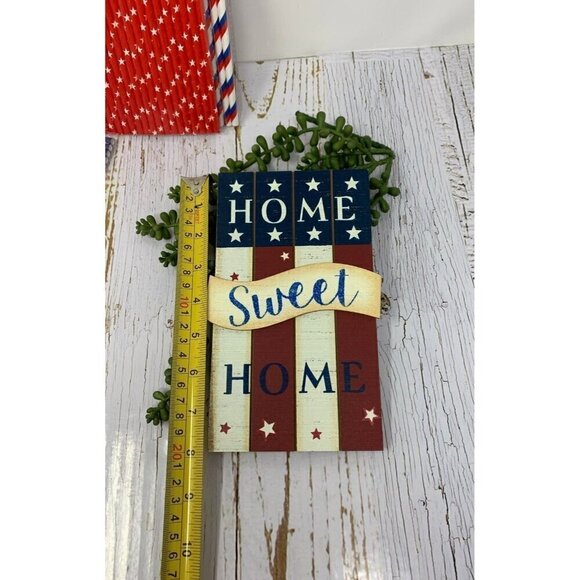 Patriotic Home Sweet Home Sign 8 Inch 54 Paper Straws Stars Stripes Red White - Picture 4 of 6